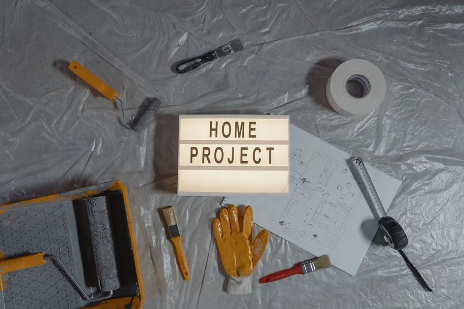 Outils et mètre ruban posés sur un plan de rénovation